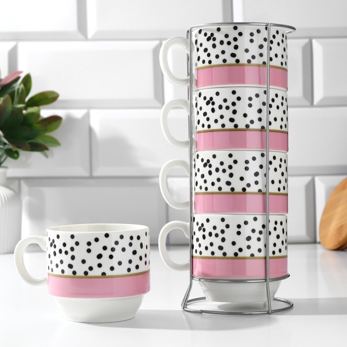 Набор кружек из керамики &laquo;Горошек&raquo;, 4 шт, 150 мл, на металлической подставке, цвет белый