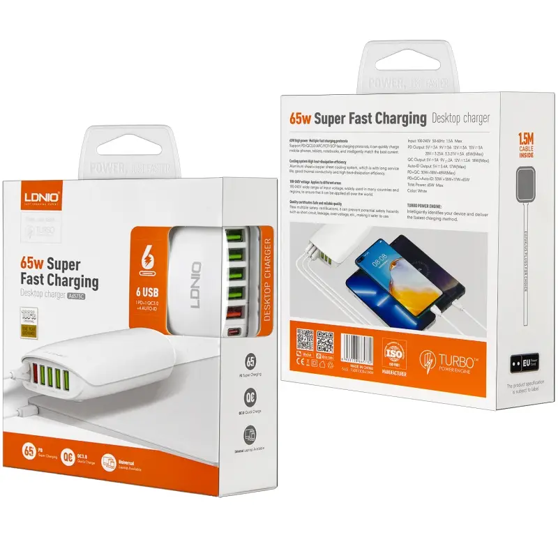 Переходник СЗУ на 5 USB + Type-C 65 WA6573C LDNIO (50шт/кор)