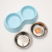 Миска металлическая двойная на пластиковом основании 2 х 160 мл, 25 х 14 х 5 см, голубая