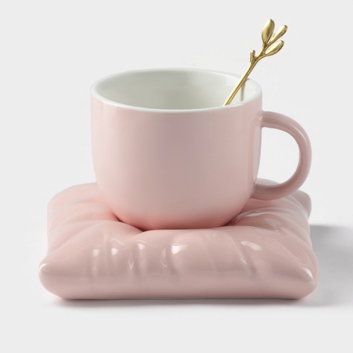 Чайная пара керамическая с ложкой &laquo;Зефирка&raquo;, 2 предмета: чашка 250 мл, блюдце d=13 см, цвет розовый