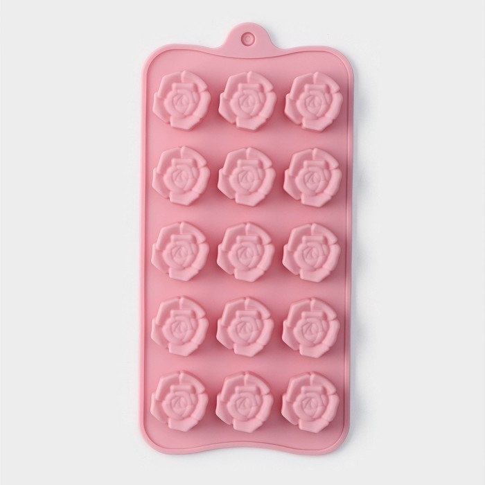 Форма для конфет и шоколада Доляна &laquo;Розочки&raquo;, силикон, 20,5&times;10,5&times;1,5 см, 15 ячеек (3&times;3 см), цвет розовый