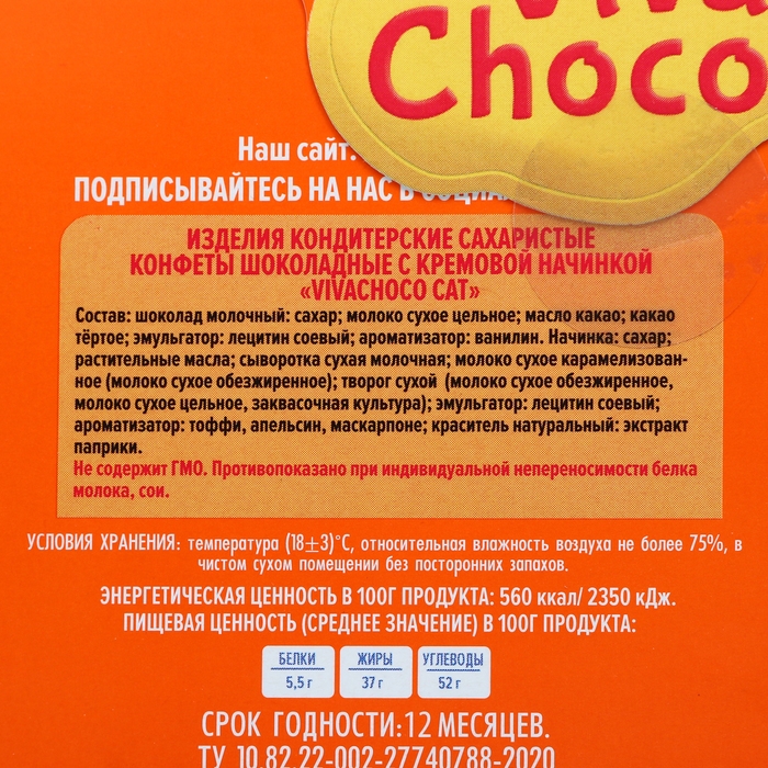 Конфеты шоколадные с кремовой начинкой &laquo;VivaChoco CAT&raquo;, апельсин. 170 г