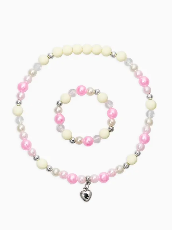 Набор детский &laquo;Выбражулька&raquo; 2 предмета: бусы, браслет d=6 см. сердце, розовый в серебре