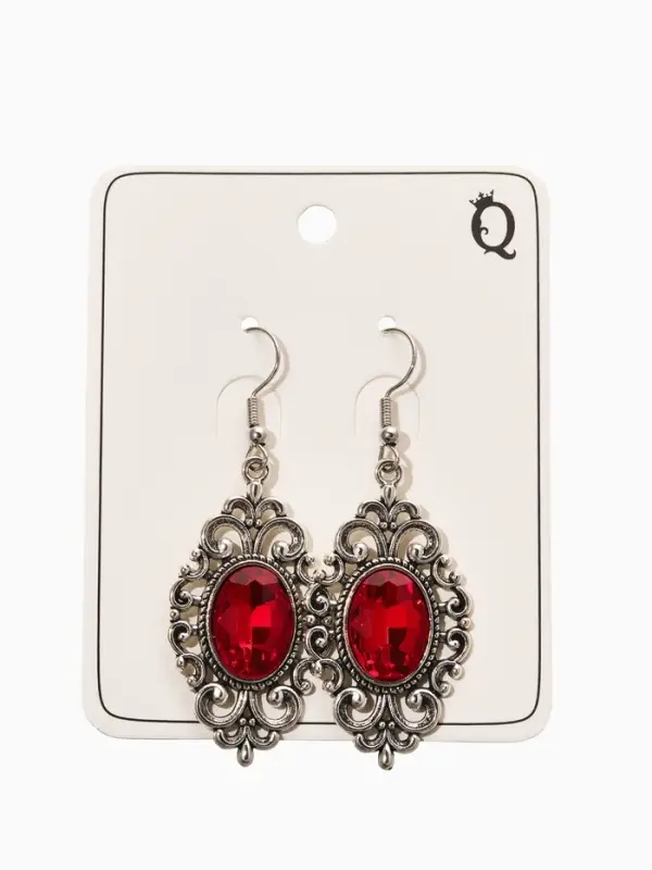 Серьги со стразми "Винтаж"  овал ажурный, цвет красный в чернёном серебре