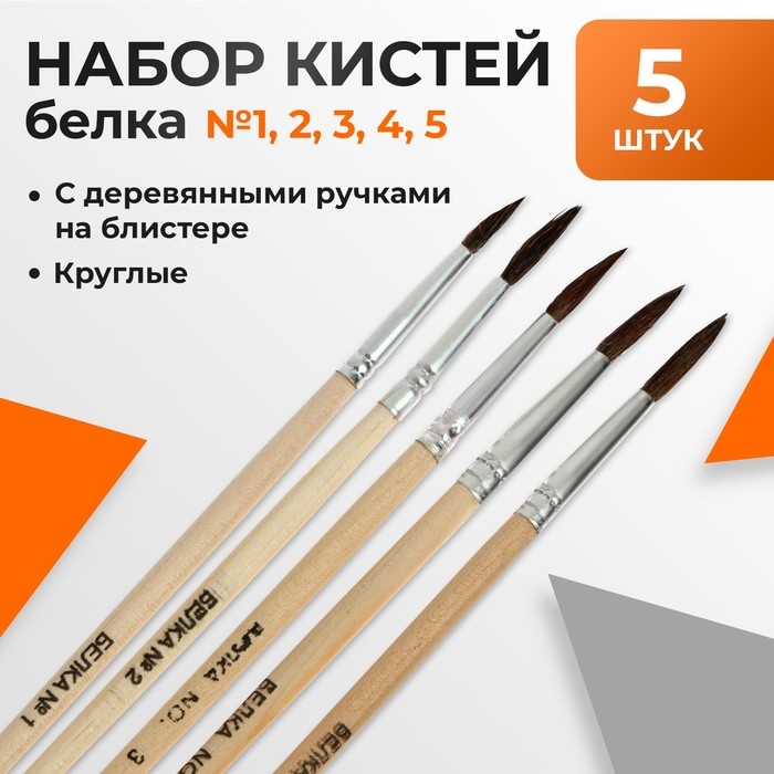 Набор кистей белка круглые 5 штук (№1,2,3,4,5) с деревянными ручками на блистере Набор кистей белка круглые 5 штук (№1,2,3,4,5) с деревянными ручками на блистере