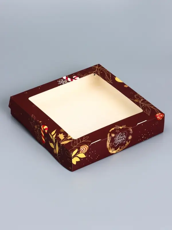 Коробка складная, подарочная новогодняя с окном Merry christmas 20&times;20&times;4 см