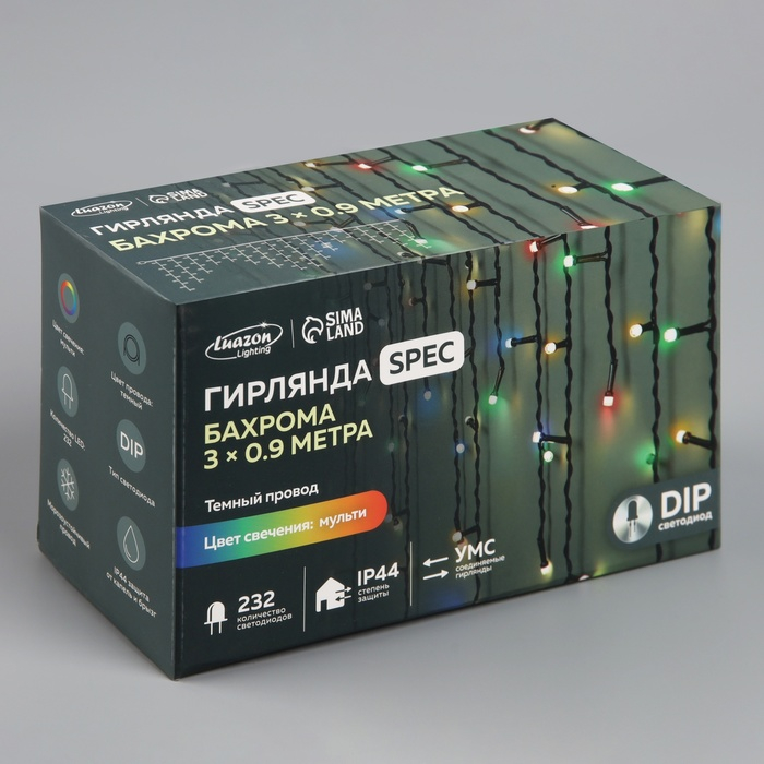 Гирлянда &laquo;Бахрома&raquo; 3 &times; 0.9 м, IP44, УМС, тёмная нить, 232 LED, свечение мульти, 220 В