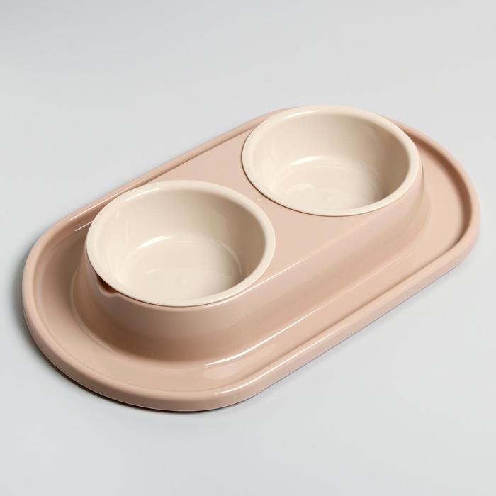 Миска для животных "Мур-мяу" 0,3л двойная на подставке, бежевая