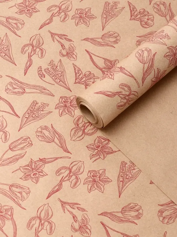 Крафт бумага "Ирисы" красный цв. на коричневом фоне 0,72 х 10 &plusmn;5% м, 60 гр