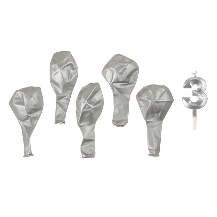 Свечи для торта + 5 шаров, цифра 3, серебро