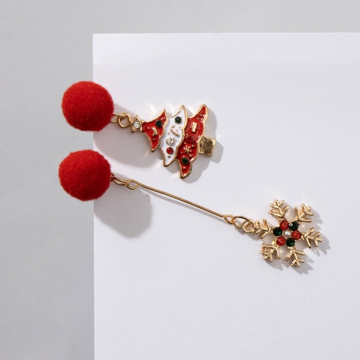 Новый год! Серьги &laquo;Новогодние пушистые&raquo; елка и снежинка, цветные