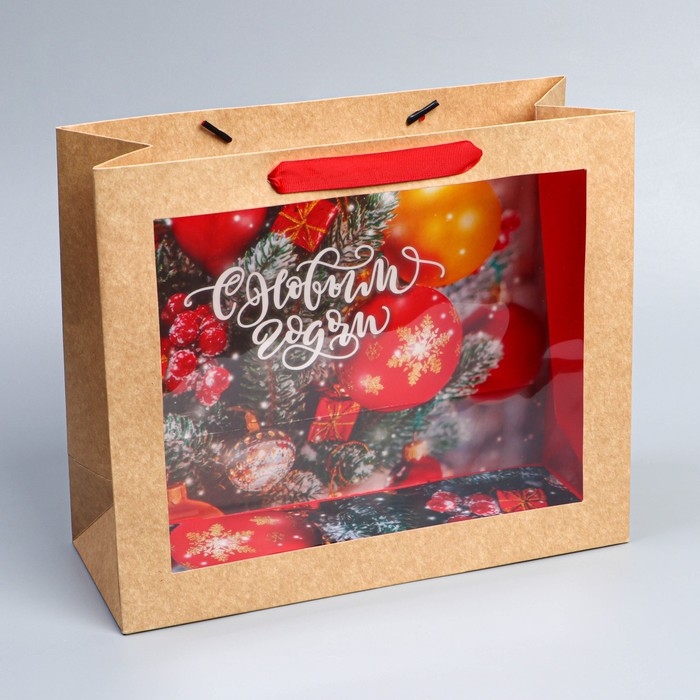 Пакет подарочный новогодний крафтовый с пластиковым окном &laquo;Happiness&raquo;, 31 х 26 х 11 см