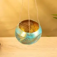 Подсвечник подвесной из кокоса, 10-13 см, бирюзово-золотой