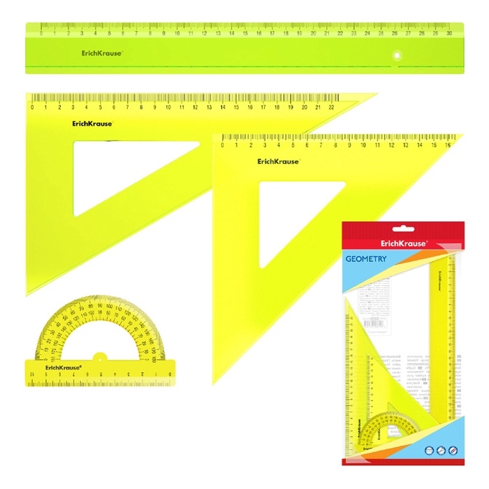 Набор чертёжный ErichKrause Neon, большой (линейка, 2 угольника, транспортир), прозрачный, в флоупаке