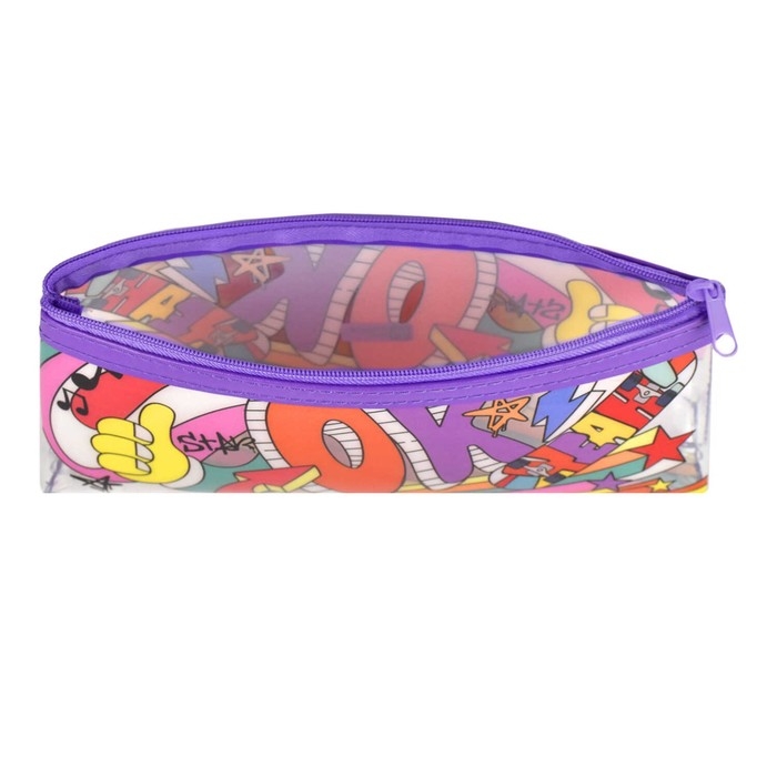 Пенал мягкий, 1 отделение, 90 х 210 х 35 мм, объёмный, Феникс "Стикеры" ТПУ белый/фиолетовый 65735