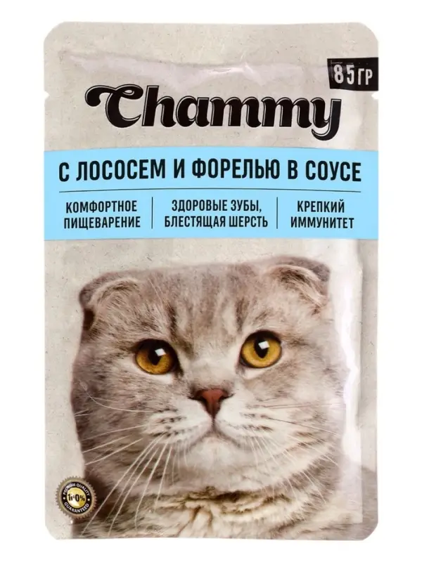 Влажный корм Chammy для кошек, лосось/форель в соусе, пауч, 85 г