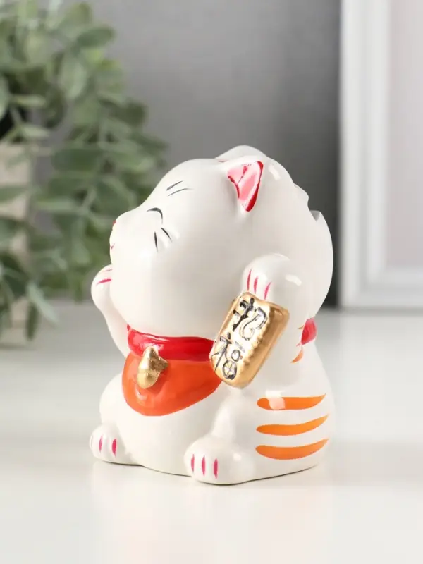 Копилка керамика "Манэки-нэко - иероглиф удача" оранж 7,2х8,3х10 см