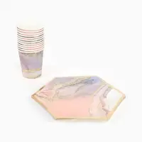 Набор посуды для праздника на 12 персон, мрамор розовый (тарелки 23 см, стакан 250 мл)