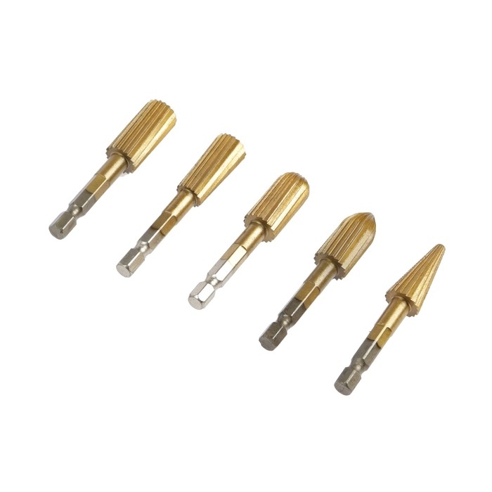 Набор шарошек по дереву и пластику ТУНДРА, TiN покрытие, шестигранный хвостовик, 5 шт. Набор шарошек по дереву и пластику ТУНДРА, TiN покрытие, шестигранный хвостовик, 5 шт.