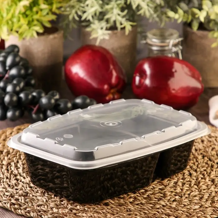 Контейнер одноразовый с крышкой, пластик, 830 мл, 2 секции, чёрный