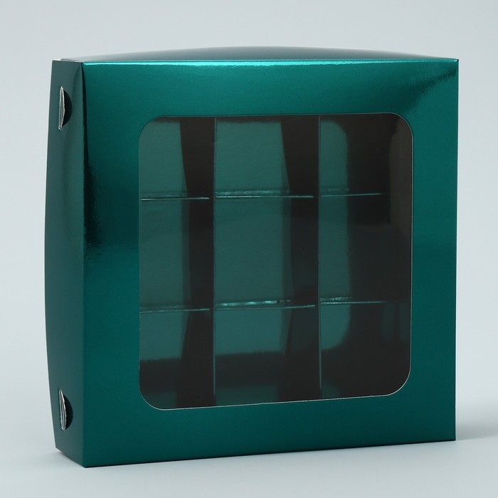 Коробка для конфет, кондитерская упаковка, 9 ячеек, &laquo;Изумрудная&raquo;, 14.7 х 14.7 х 3.5 см
