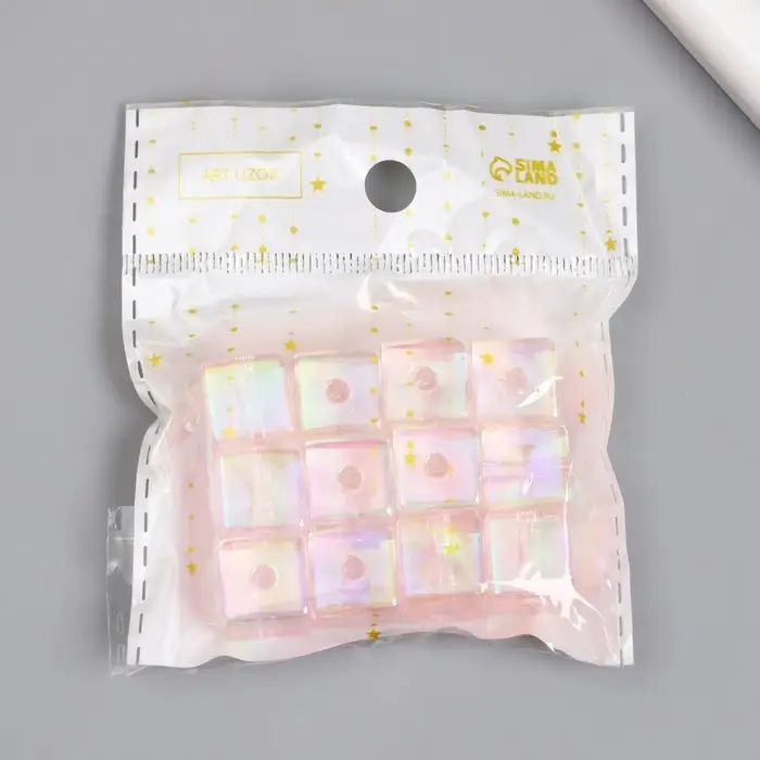 Бусина для творчества пластик "Кубик. Прозрачный перламутр" розовый 1,4х1,4х1,4 см