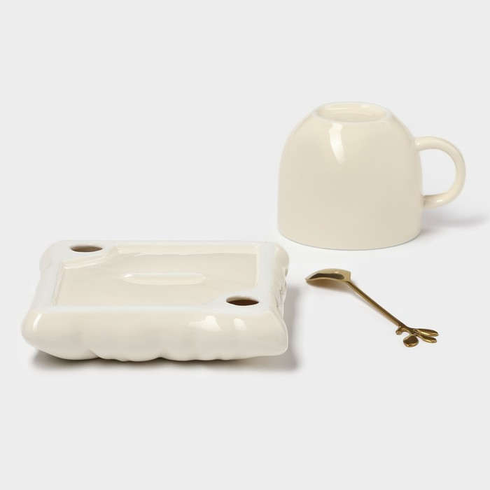 Чайная пара керамическая с ложкой &laquo;Зефирка&raquo;, 2 предмета: чашка 250 мл, блюдце d=13 см, цвет бежевый