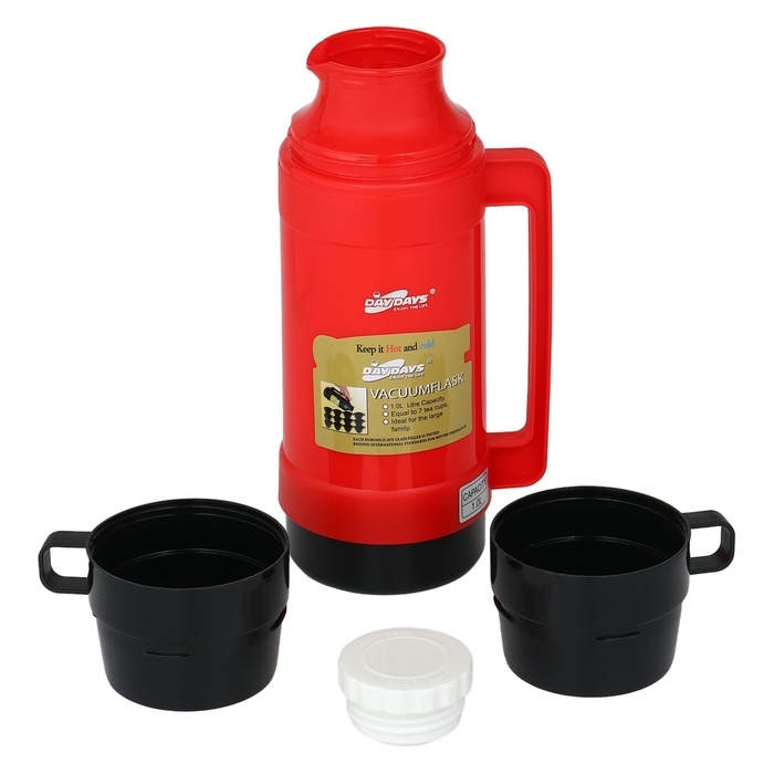 Термос 1 л, со стеклянной колбой, 2 кружки, сохраняет тепло 12 ч, 13.5 х 32 см, красный