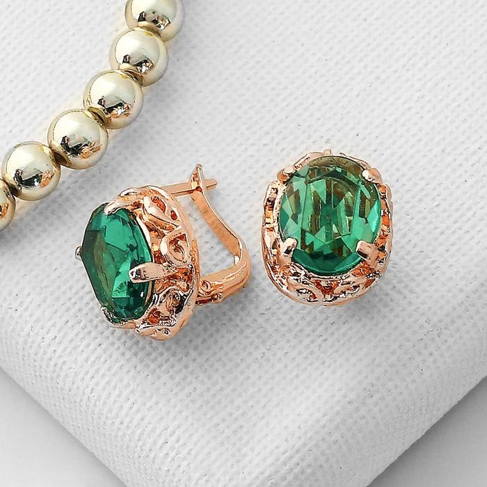 Серьги со стразами &laquo;Эдель&raquo; овал классика, цвет изумрудный в розовом золоте