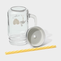 Кружка стеклянная Доляна &laquo;Золотой фламинго&raquo;, 450 мл, 10&times;7,5&times;13 см, с ручкой, крышкой и трубочкой