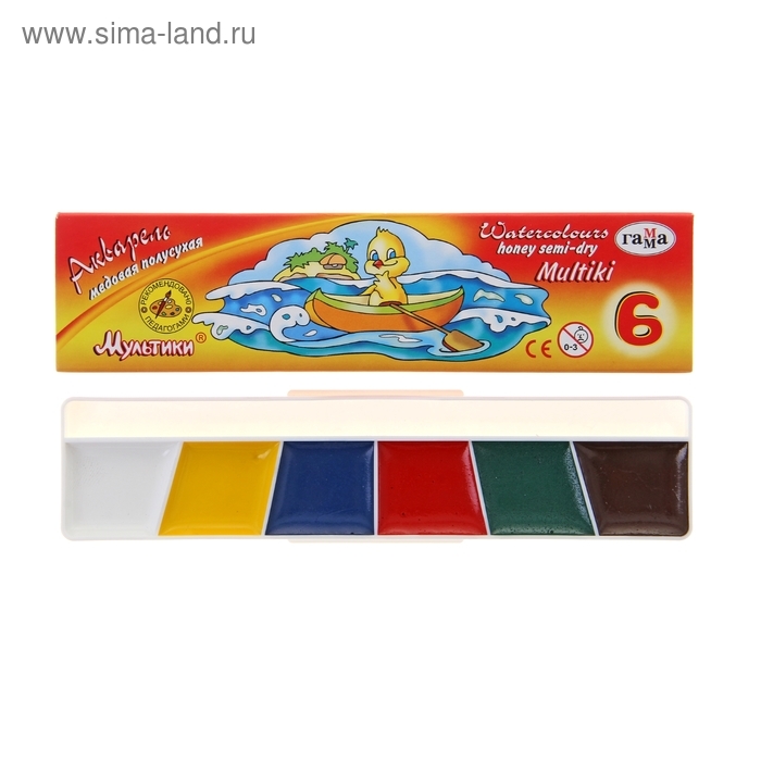 Акварель 6 цветов, &laquo;Гамма&raquo; &laquo;Мультики&raquo;, медовая, без кисти, картон