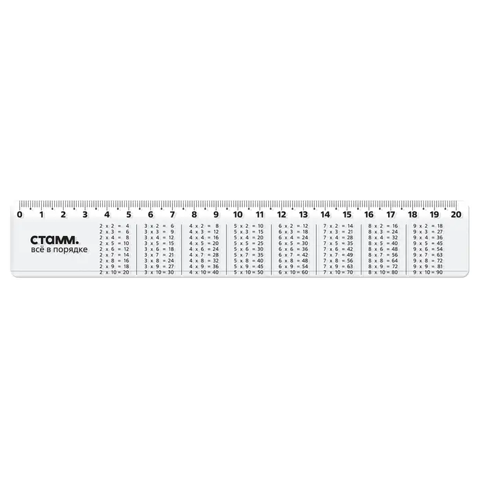 Линейка 20 см Стамм "Таблица умножения", со справочным материалом, пластиковая, прозрачная, бесцветная
