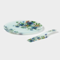 Тортовница с лопаткой Доляна &laquo;Букет незабудок&raquo;, 2 предмета: блюдо d=30 см, лопатка 26,5&times;7&times;2 см, стекло, рисунок