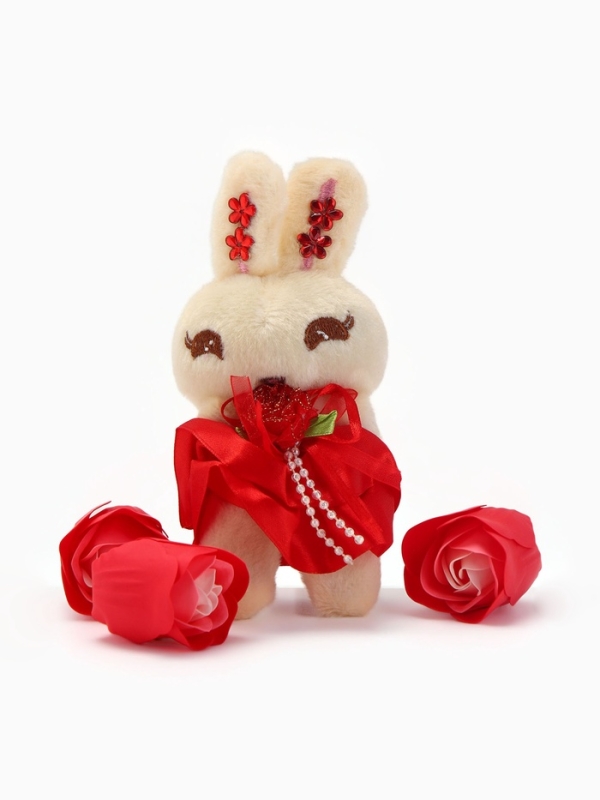 Набор мыльных роз в коробке 8 штук, красно-белые с зайчиком