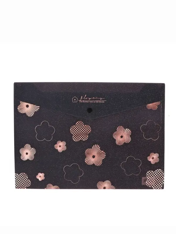 Папка-конверт на кнопке формат А4 180мкр блестящая МИКС Цветы на черном  (штрихкод на штуке)   10843