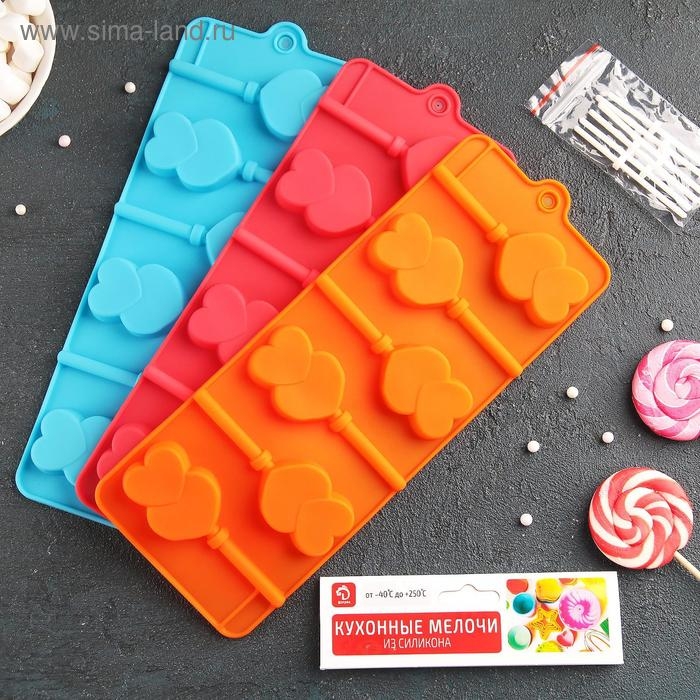 Форма для леденцов Доляна &laquo;Влюблённость&raquo;, силикон, 9,5&times;24&times;1 см, 6 ячеек (4,2&times;3,3 см), с палочками, цвет МИКС