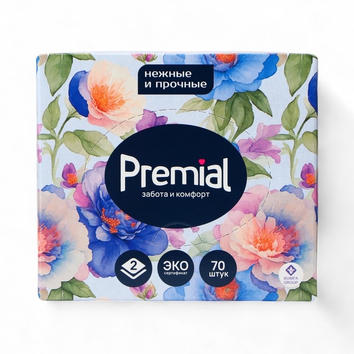 Салфетки &laquo;Premial&raquo; косметические 2-слойные в коробке Нон стоп, 70 шт МИКС