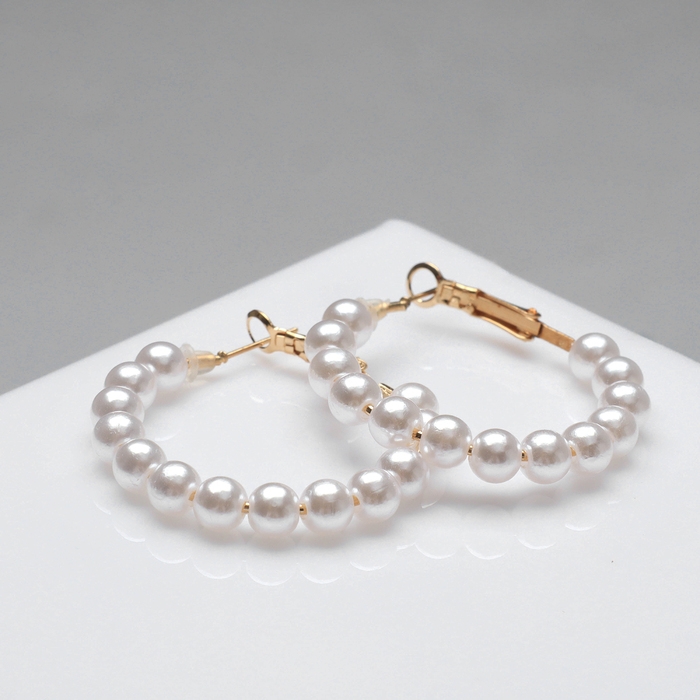 Серьги-кольца &laquo;Нежность жемчуга&raquo; кольца малые, цвет белый в золоте, d=3,5 см