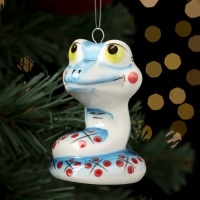 Новый год. Ёлочная игрушка символ года "Змей Улыбка синий", 7 см, фарфор