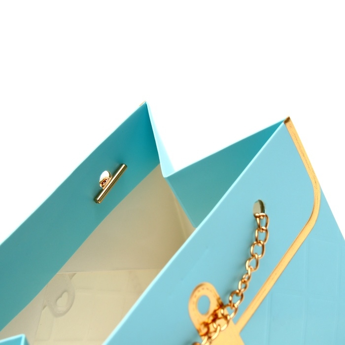 Пакет для цветов, ручка цепь, "Лазурный", с золотым тиснением, 15 х 10,5 х 10 см