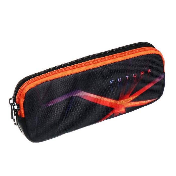 Пенал мягкий, 2 отделения, объёмный, 90 х 220 х 40 мм, Stavia "Future" чёрный/оранжевый 86196