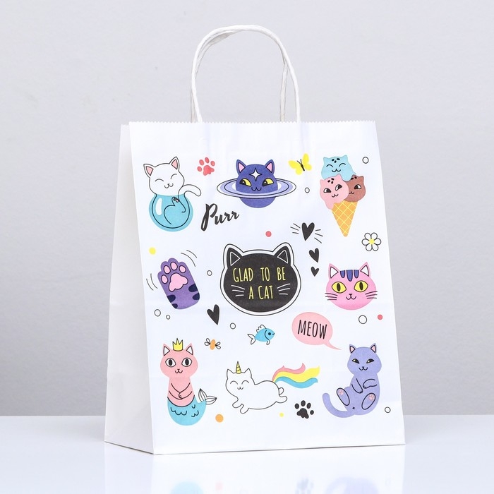 Пакет крафт &laquo;Коты&raquo;, 22 х 12 х 27 см, крученая ручка, 1 шт