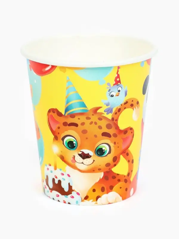Стакан одноразовый бумажный &laquo;С Днём рождения, весёлые зверята&raquo;, желтый, 250 мл