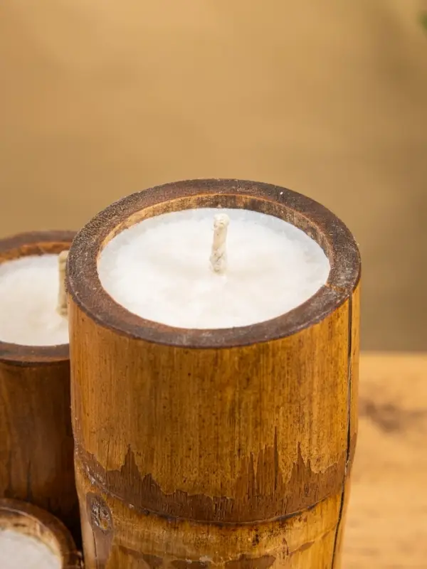 Свеча в бамбуке тройная, 14&times;15&times;30 см, 100 мл, бежевая