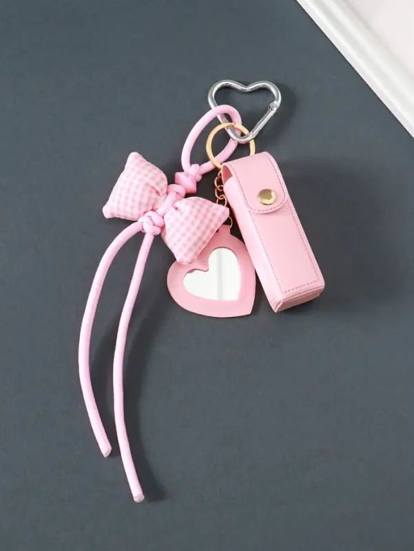 Брелок кожзам с карабином, с зеркалом "Для помады. Бант" розовый 23х3х3,5 см