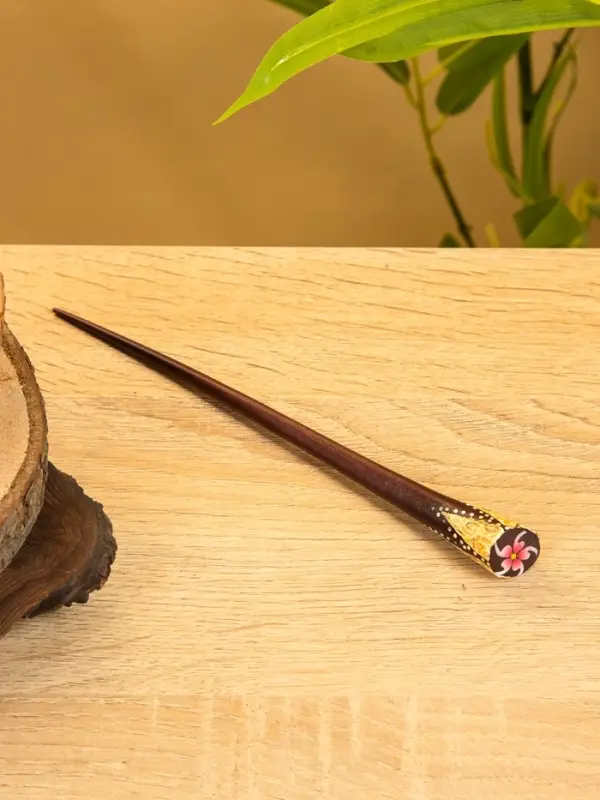 Заколка для волос "Цветок" дерево Албезия, 17 см, цв. чёрно-розовый