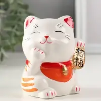 Копилка керамика "Манэки-нэко - иероглиф удача" оранж 7,2х8,3х10 см