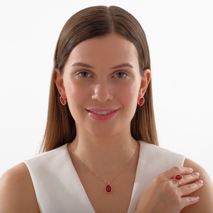 Гарнитур 3 предмета: серьги, кулон, кольцо безразмерное &laquo;Эдель&raquo; овал вытянутый, цвет красный в золоте, 45 см