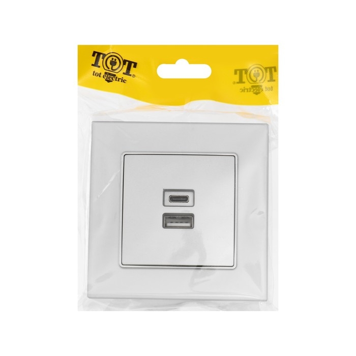 Розетка с USB-A + USB-C разъёмами, 2.1 A, 5В, TOT Matte Glass, скрытая, стекло, серебристая   104396