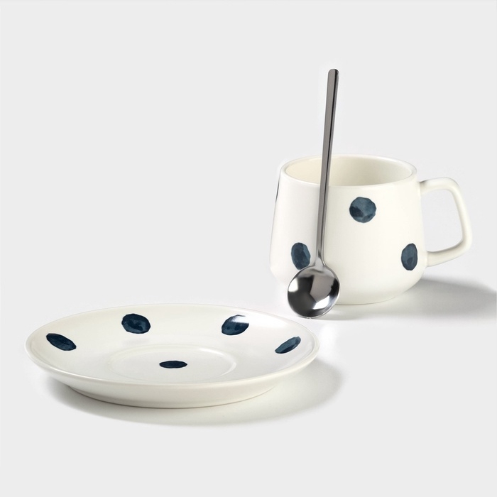 Чайная пара &laquo;Горошек&raquo;, 220 мл, с ложкой, блюдце d=15, кружка 9,5&times;7,5&times;7 см, керамика, белая